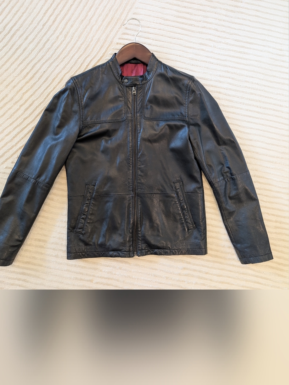 Ted Baker Black Leather Bomber Jacket with Red Lining
